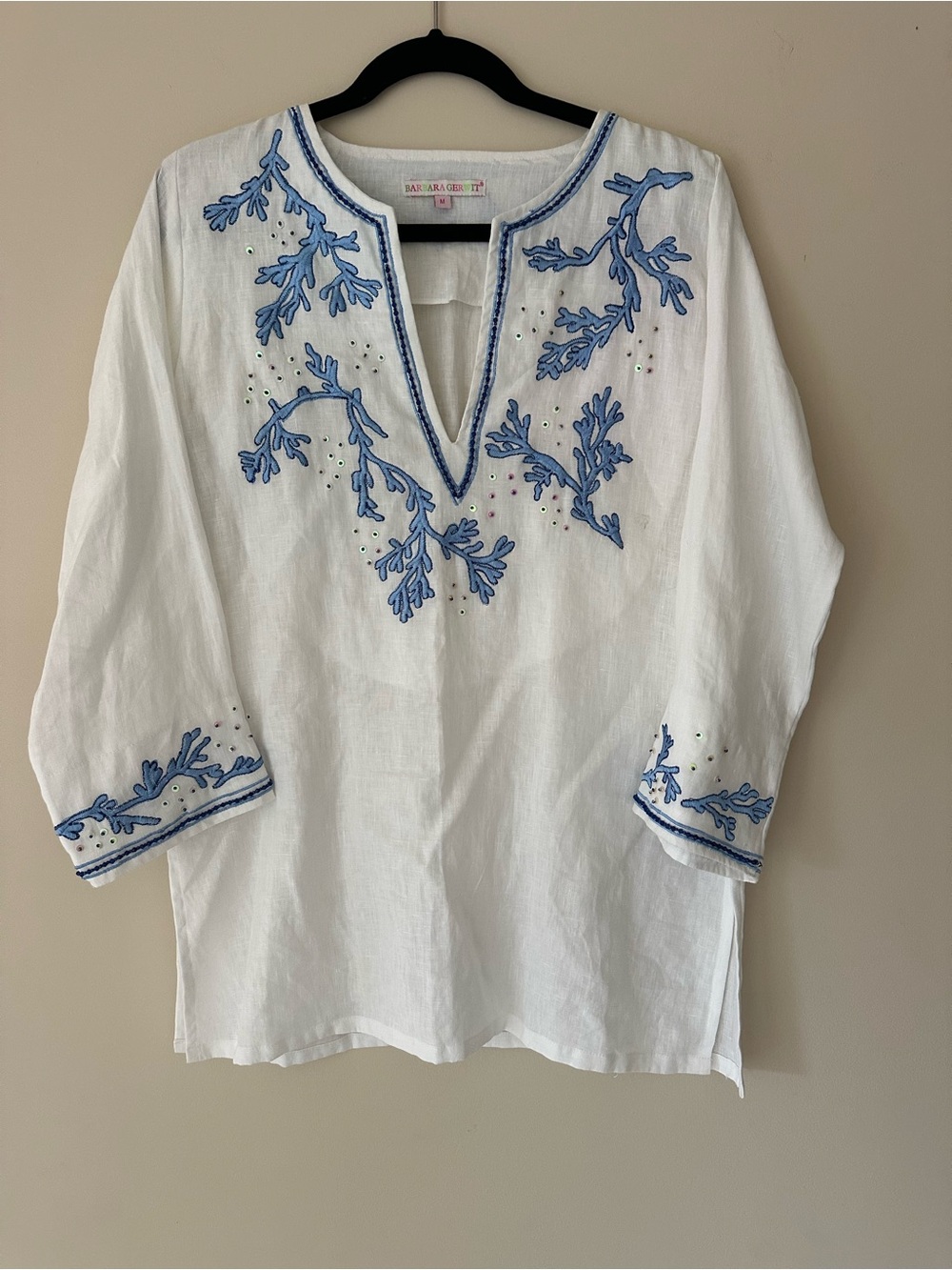 Barbara Gerwit White Linen Tunic with Blue Embroidery | Size Medium